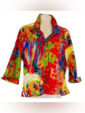 Kaktus Artsy Print Denim Jacket Women's Multicolor 5 Buttons Slim Pockets Small